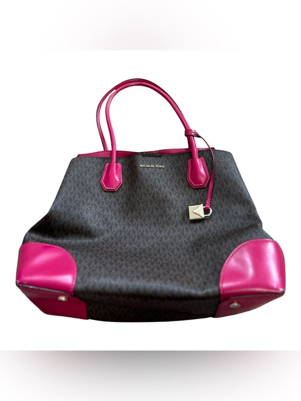 🆕Michael Kors Dark Brown MK Logo Tote with Hot Pink Trim